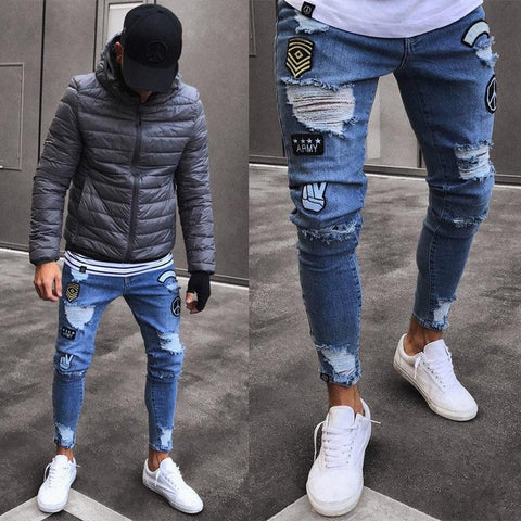 Image of feitong Cotton Jeans Men Spring 2020 MenClothes Denim Pants Distressed Freyed Slim Fit Casual Trousers Stretch Ripped Jeans