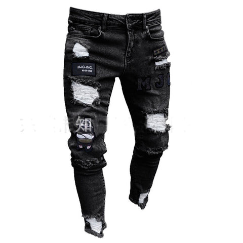 Image of 3 estilos hombres elástico Ripped skinny de motorista bordado Jeans estampado destruido agujero cinta de corte Slim Denim rayado de alta calidad Jean
