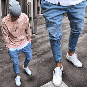 2020 Men's Stretchy Ripped Skinny Biker Jeans Destroyed Slim Fit Denim Pants Mens Elastic Waist Harem Pants Men Jogger Clothes