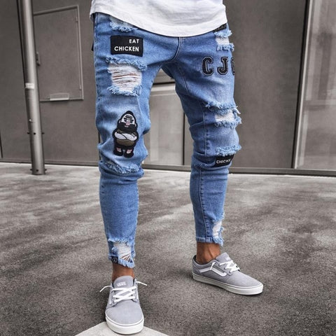 Image of feitong Cotton Jeans Men Spring 2020 MenClothes Denim Pants Distressed Freyed Slim Fit Casual Trousers Stretch Ripped Jeans