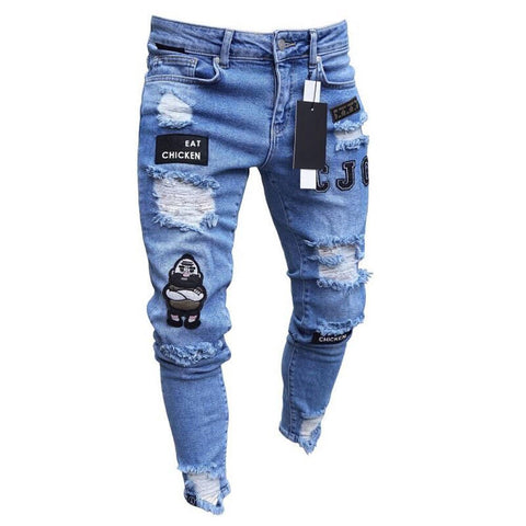 Image of 3 estilos hombres elástico Ripped skinny de motorista bordado Jeans estampado destruido agujero cinta de corte Slim Denim rayado de alta calidad Jean