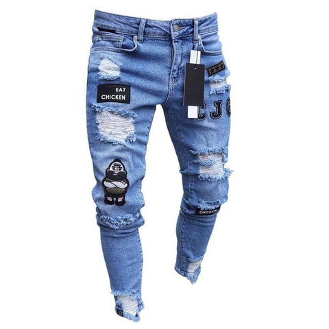 Image of 3 estilos hombres elástico Ripped skinny de motorista bordado Jeans estampado destruido agujero cinta de corte Slim Denim rayado de alta calidad Jean
